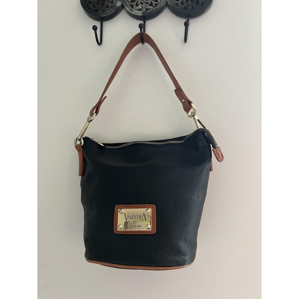 Valentina Bucket Bag Small Black Leather Brown Strap Gold Hardware Italy Purse